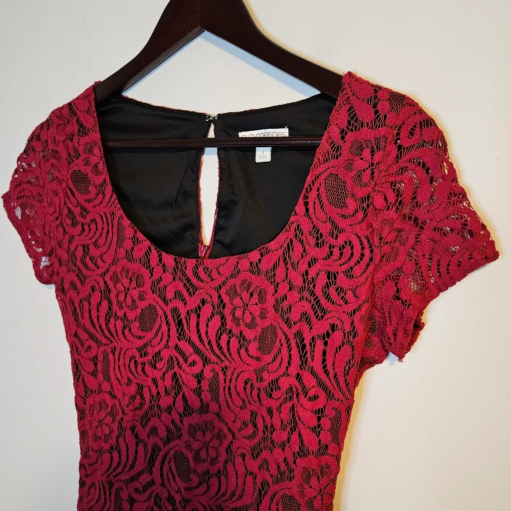 Eva Mendes Dress New York & Company Red Lace Bodycon Black Midi Cocktail Party Size 2 - Image 2