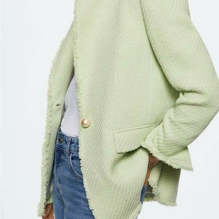 MANGO Tweed Blazer XL Mint Green Fringe Pearl Button - Image 6