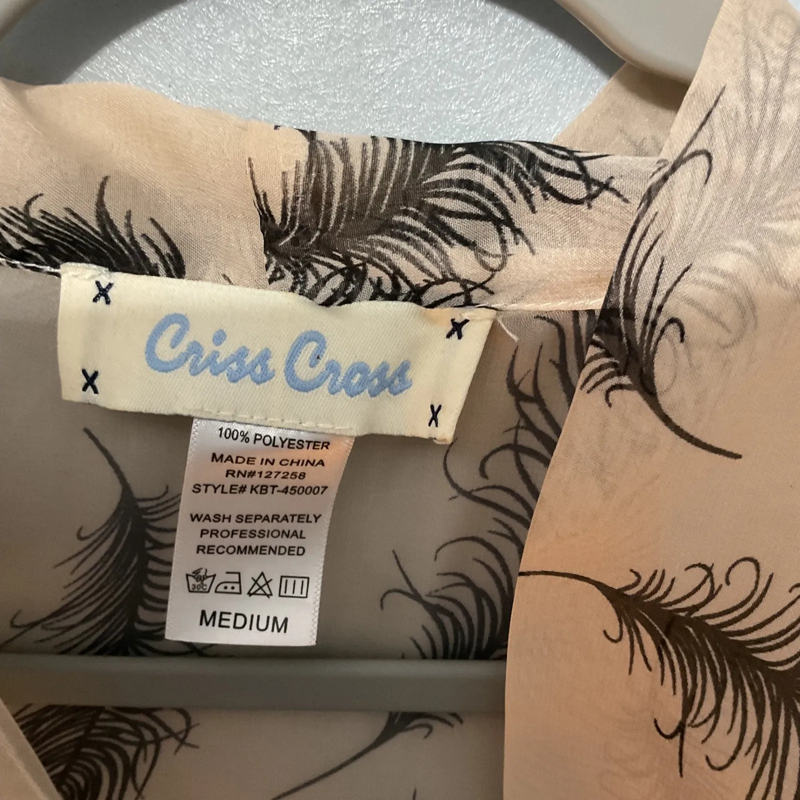 Criss Cross Feather Print Sheer Blouse Women's Medium Lightweight Bow Neck Black - Image 3