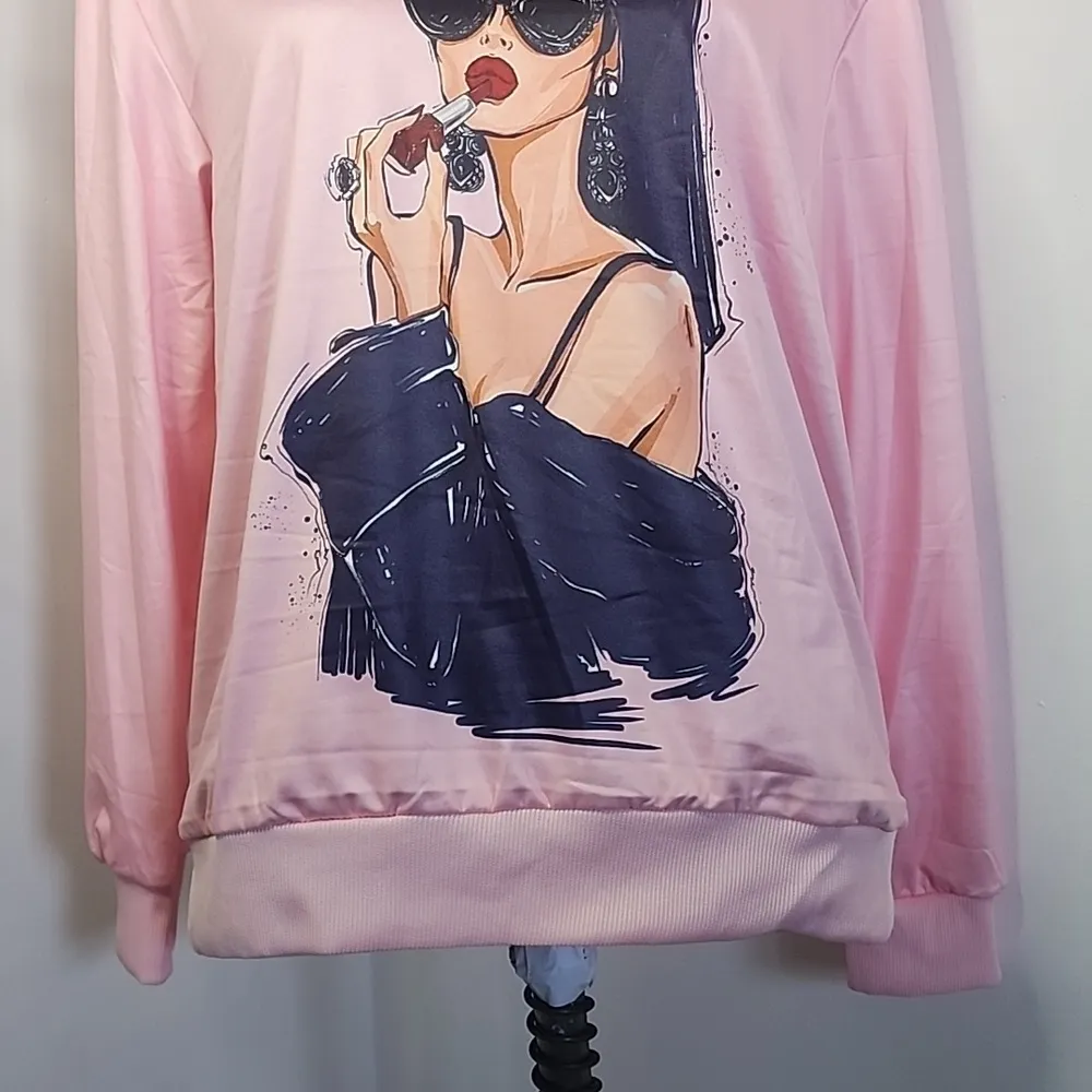 Pink Satin Crewneck Shirt with Glamour Girl Putting on Lipstick Size M - Image 3