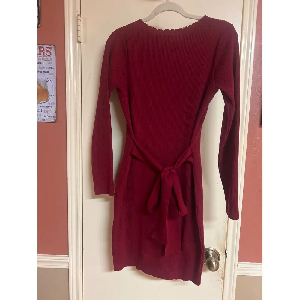 Shein M Burgundy Tie Waist Long Sleeve Scalloped Neckline Sweater Dress - Image 4