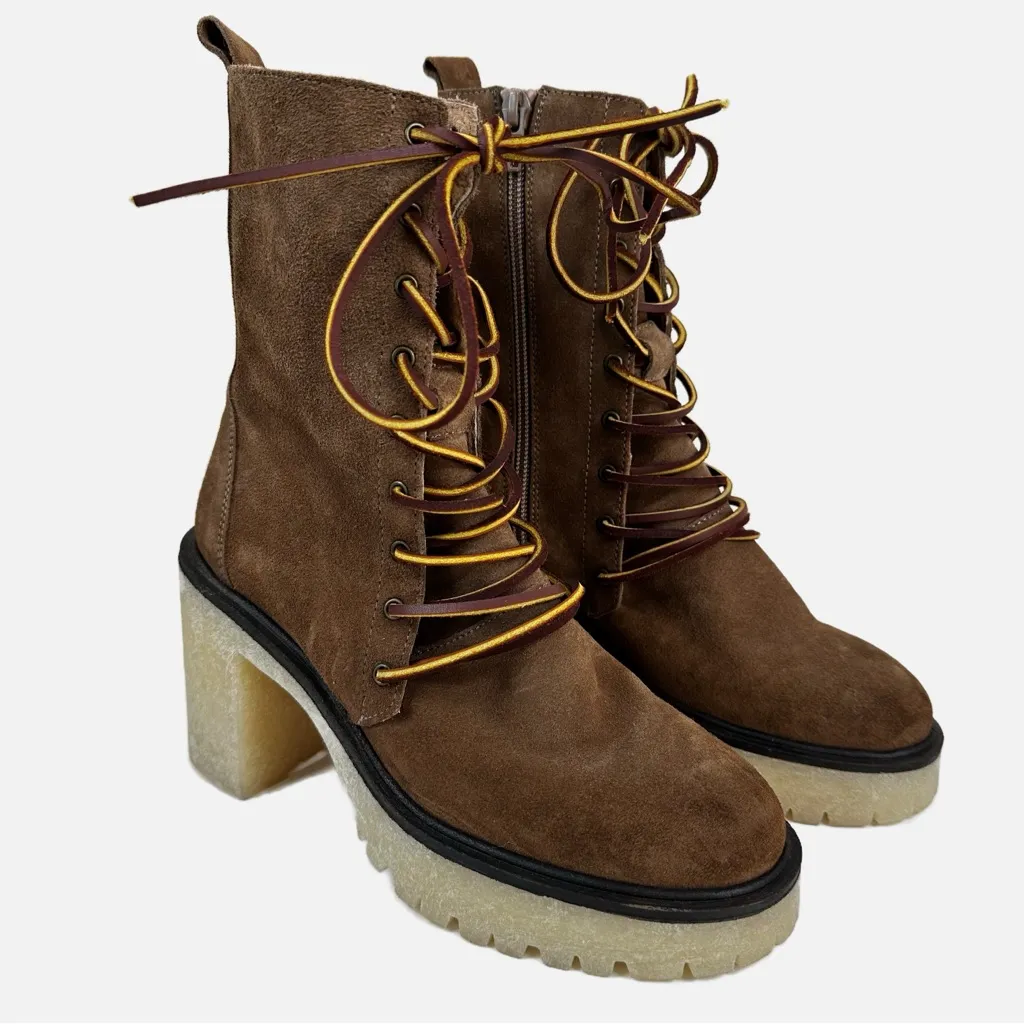 Free People Dylan Lace Up Boots Womens 36/ US 5.5 Brown Suede Leather Chunky - Image 3