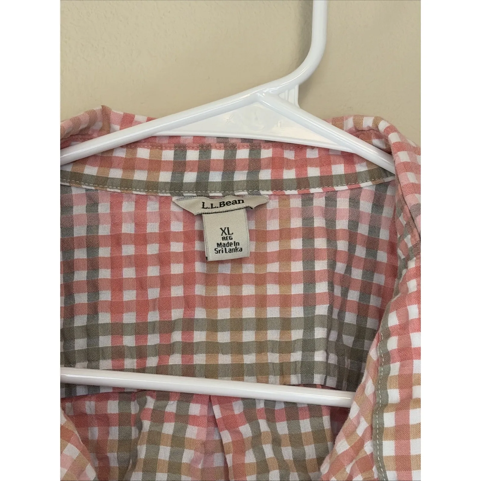 LL Bean Coral Green Seersucker Gingham Popover Blouse Shirt Top Womens XL - Image 4