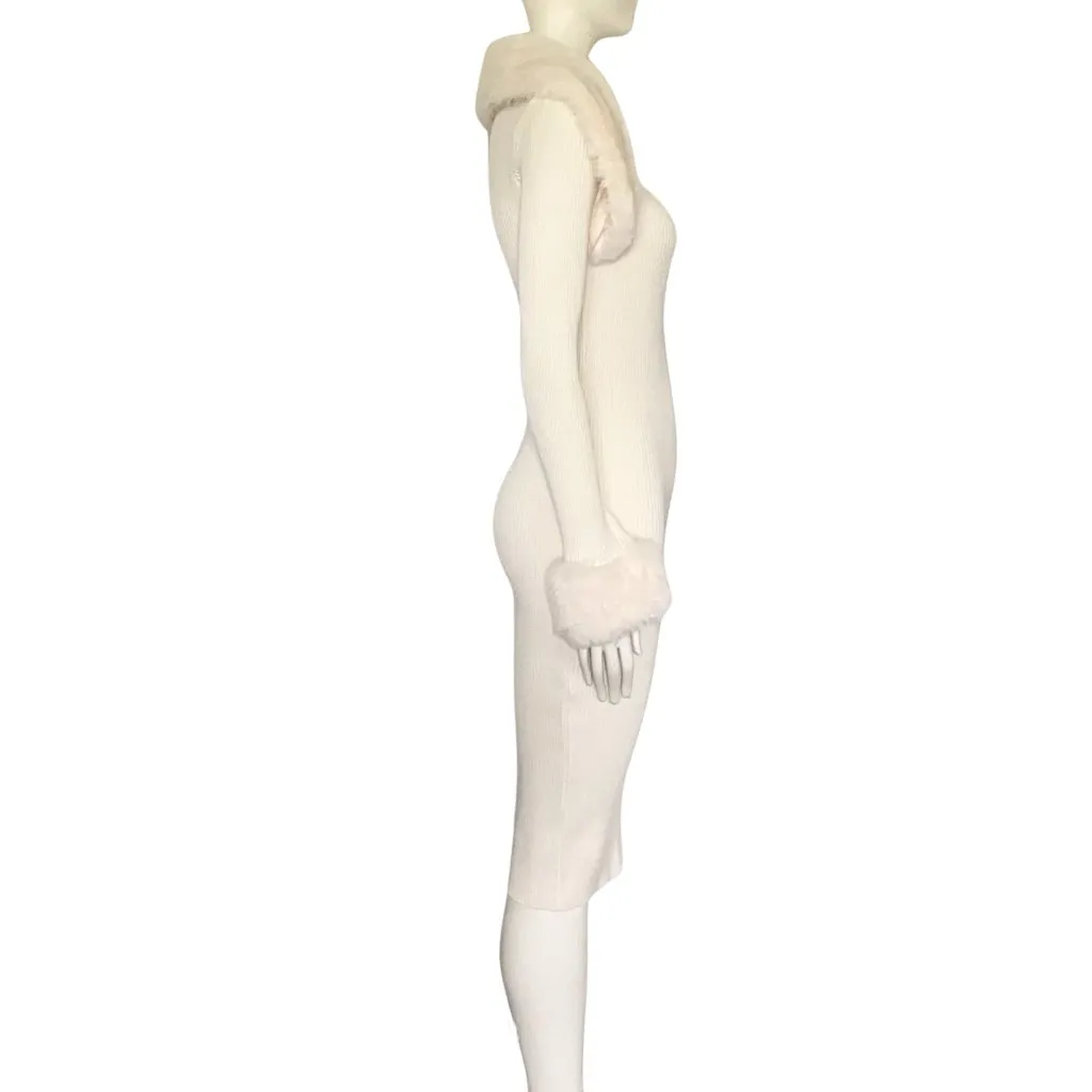 Vintage Y2K Cream Sweater Dress Faux Fur Trim Midi Bodycon S/M Off White McBling - Image 7