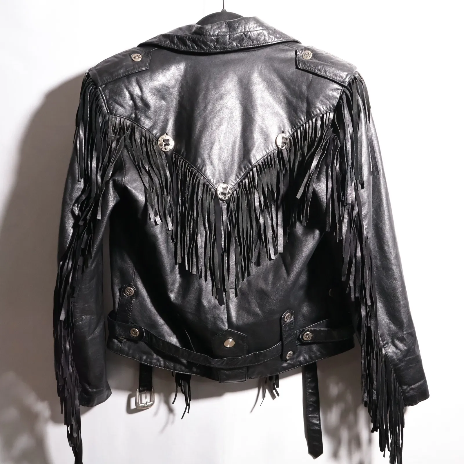 Vintage Leather Warehouse Black Western Moto Jacket Belted Fringe Rock Sz 36 - Image 2