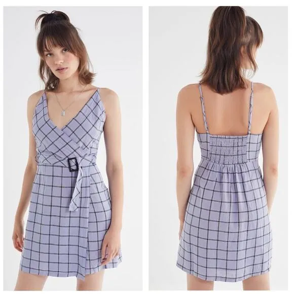 Urban Outfitters Amanda Linen Mini Dress XS Purple Plaid Check Belted Wrap - Image 2