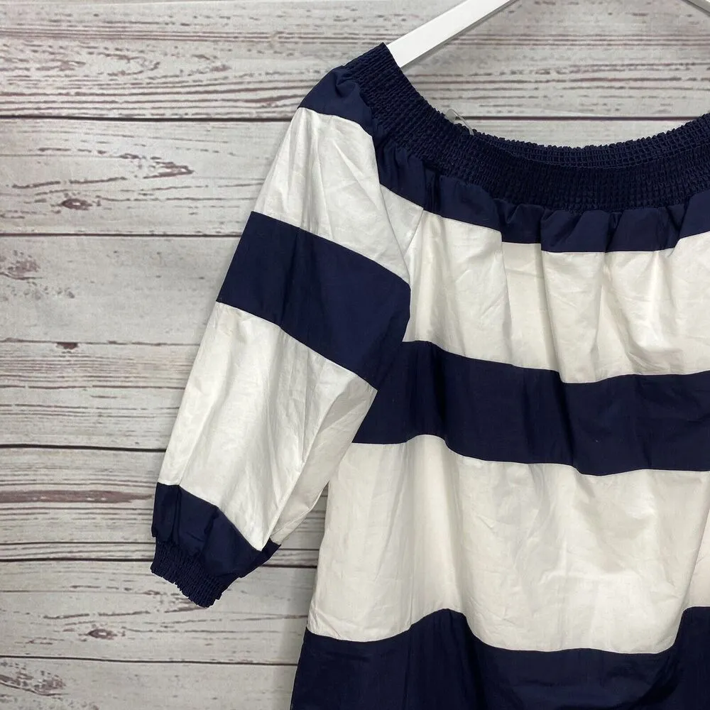 Crown & Ivy Navy Blue White Stripe Shift Dress S Off The Shoulder 3/4 Sleeves - Image 2