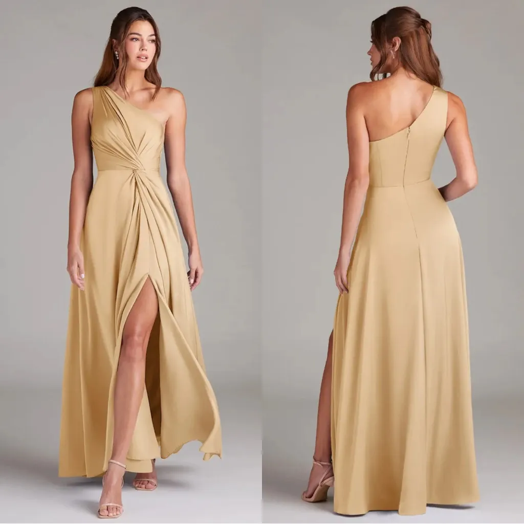 NWT Azazie Brooke Gold A-Line One Shoulder Satin Bridesmaid Maxi Dress Size 8 - Image 2