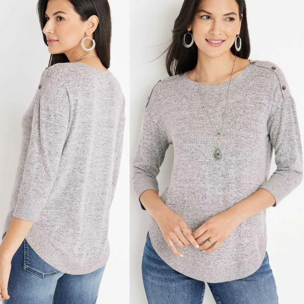 MAURICES Haven Button Shoulder Boat Neck Fleece Sweatshirt Gray Grey 3/4 Sweater - Image 2
