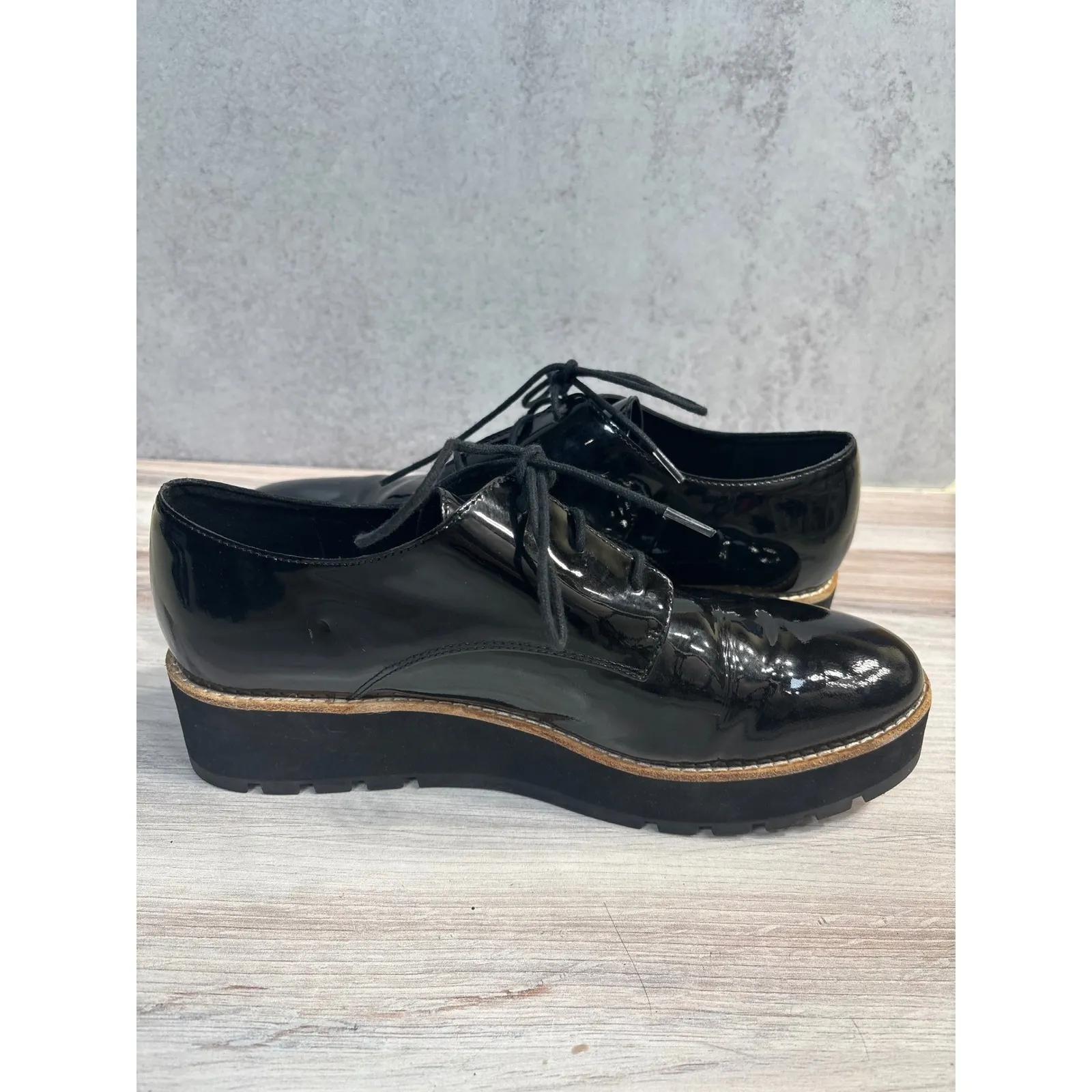 Eileen Fisher Eddy Derby SZ 9 Black Patent Leather Lace Up Oxford Platform Shoes - Image 11