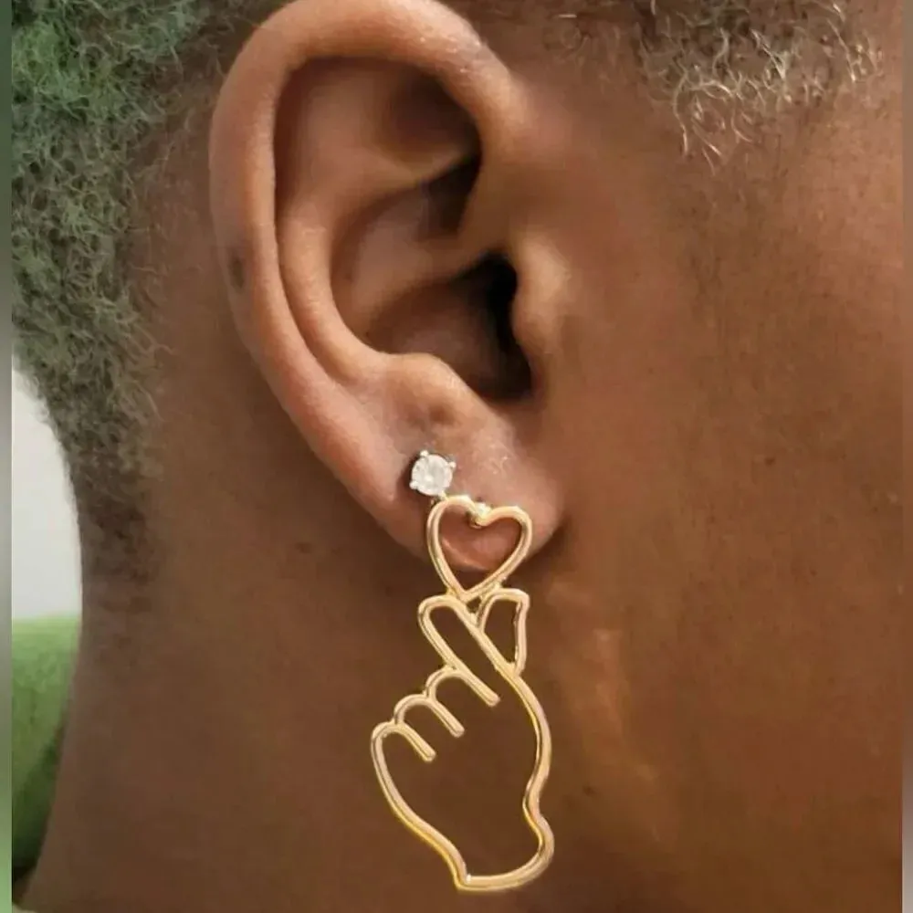 New! Kpop Korean Finger Heart Earrings Gold - Image 2