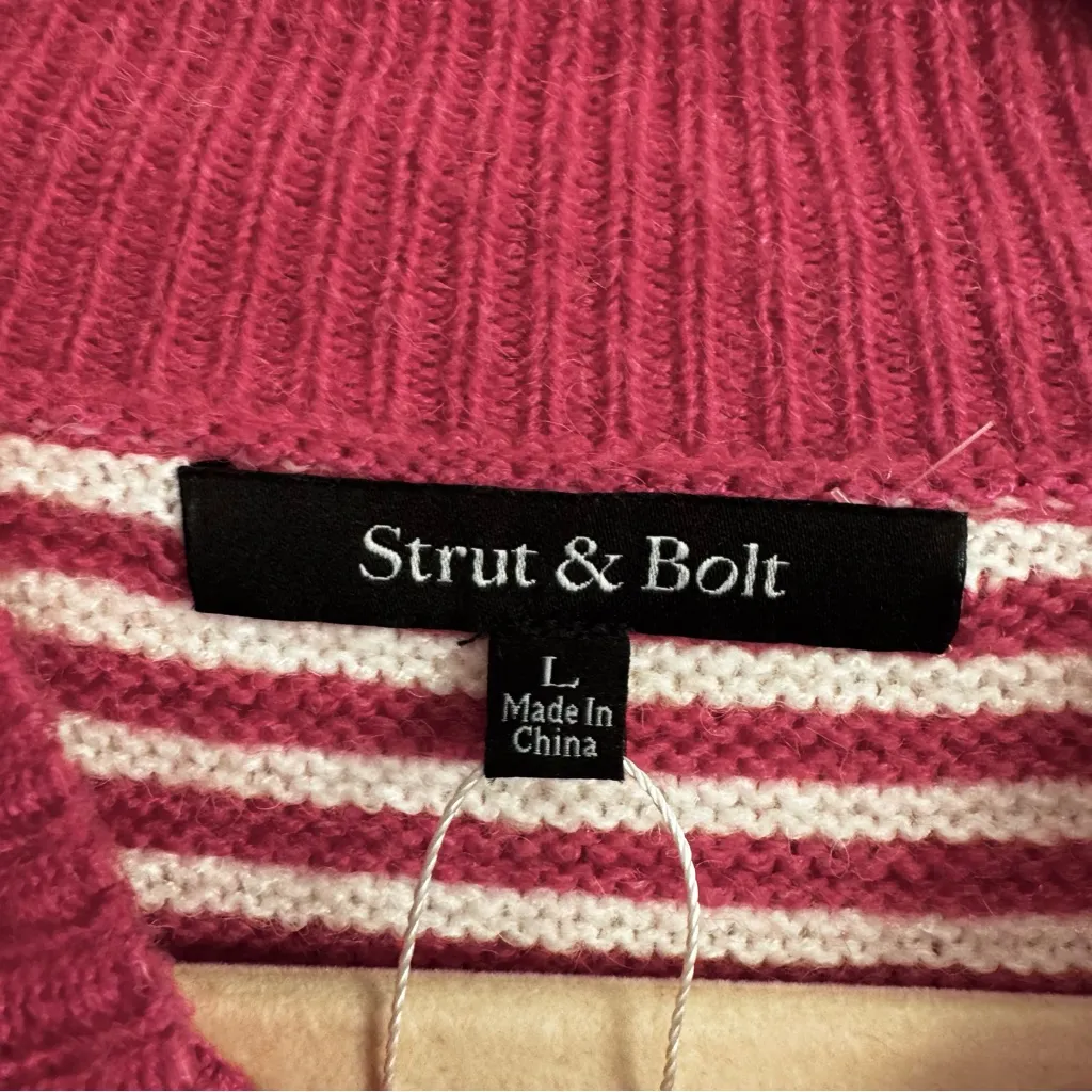 Strut and Bolt New hot pink striped fuzzy sweater size large mock neck girly - Image 2
