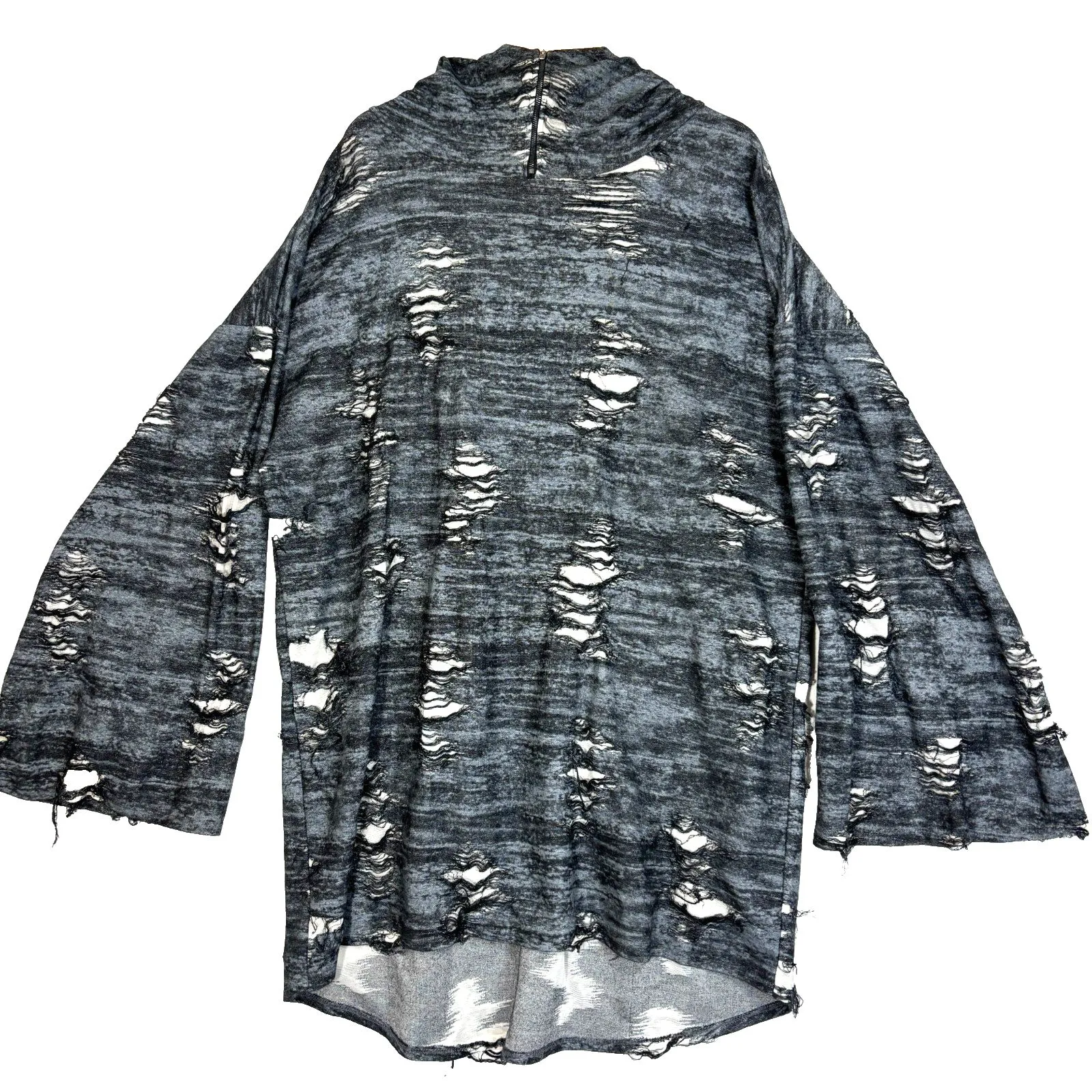 Distressed Gray Black Hoodie Quarter Zip Wide Sleeve Grunge Punk Plus Sz 2X - Image 2