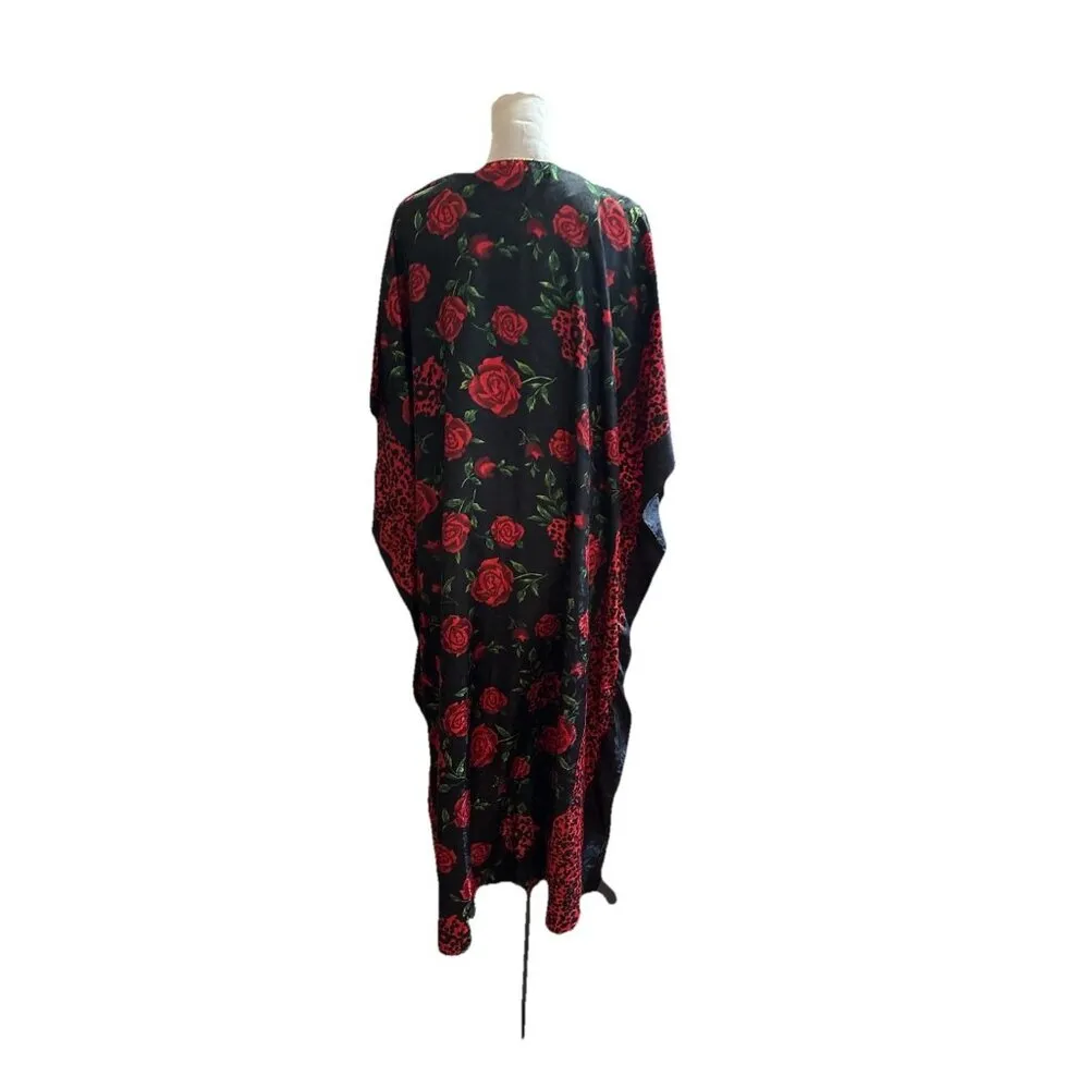 Vintage GOLD COAST Black & Red Roses Animal Print Kaftan Dress MuMu Oversized Size undefined - Image 2