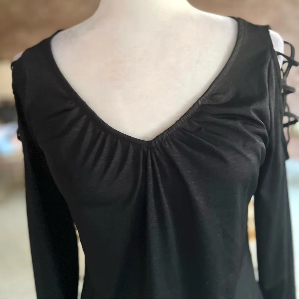 Jennifer Lopez Top Black Lattice Sleeve Metallic Shimmer Top S Cocktail Party - Image 4