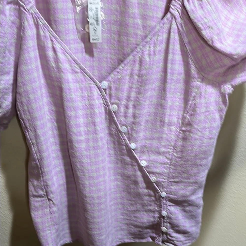 NWT Madewell small Linen-Blend Puff-Sleeve Button-Wrap Top in Plaid - Image 3