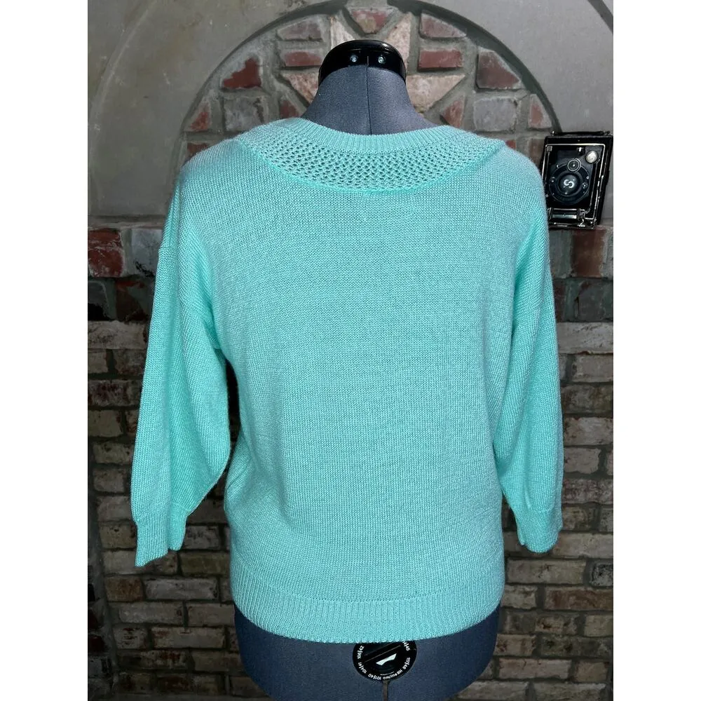 Garland sweater vintage 1980s pastel aqua seed stitch collar Green Size 18 - Image 5