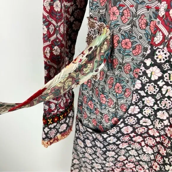 AnaMika Khanna Boho Patchwork Floral Tunic Dress Belted Long Sleeve India Red Size M - Image 5