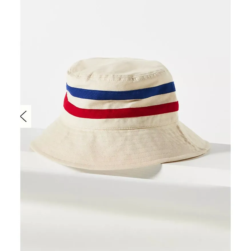 Anthropologie Hat Bucket Womens One‎ Size Beige Blue Red Striped Cotton - Image 3