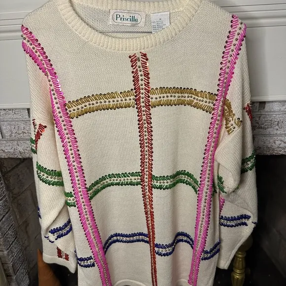 Vintage VTG 80s 90s Cream rainbow sequined Crew Neck Sweater Decorative Trim Pink Size M - Image 1