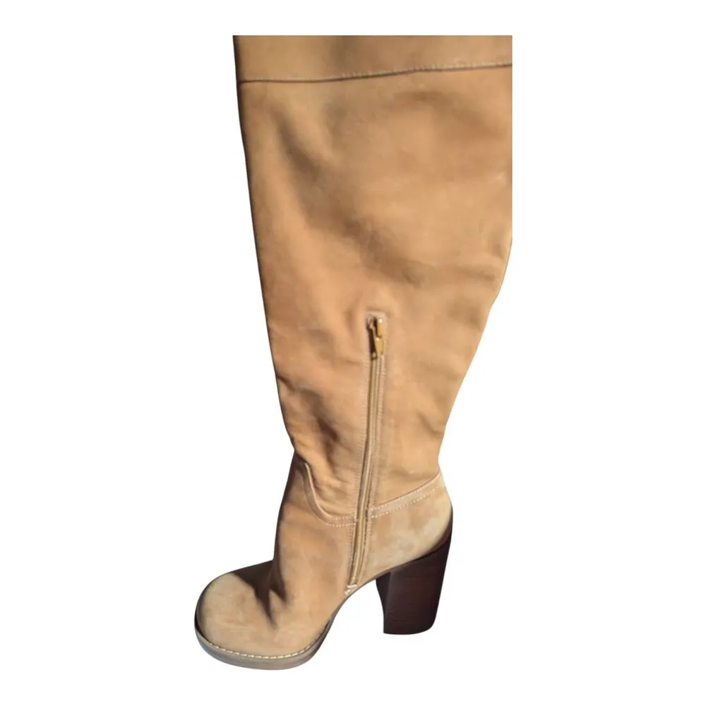 JLO Parid Camel Tan Nubuck Leather Over The Knee Block Heel Campus Boots Sz 8 - Image 4