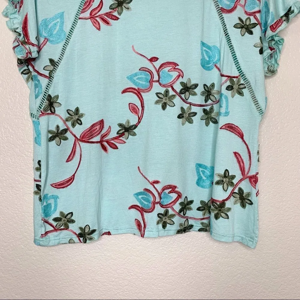 LIV Los Angeles Floral Embroidered Short Sleeves Top Green Size M - Image 8