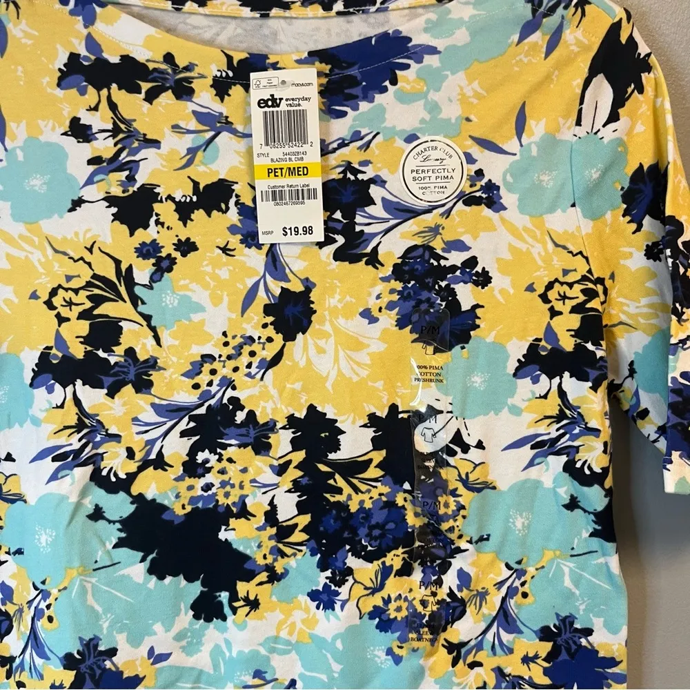 Charter Club Tee Floral Short Sleeve 100% Pima Cotton Boat Neck Top Sz MP NWT - Image 2
