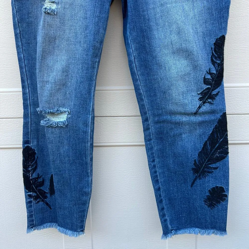 a.n.a Black Floral Embroidered Denim Skinny Ankle Jeans Raw Hem Size 10 - Image 3