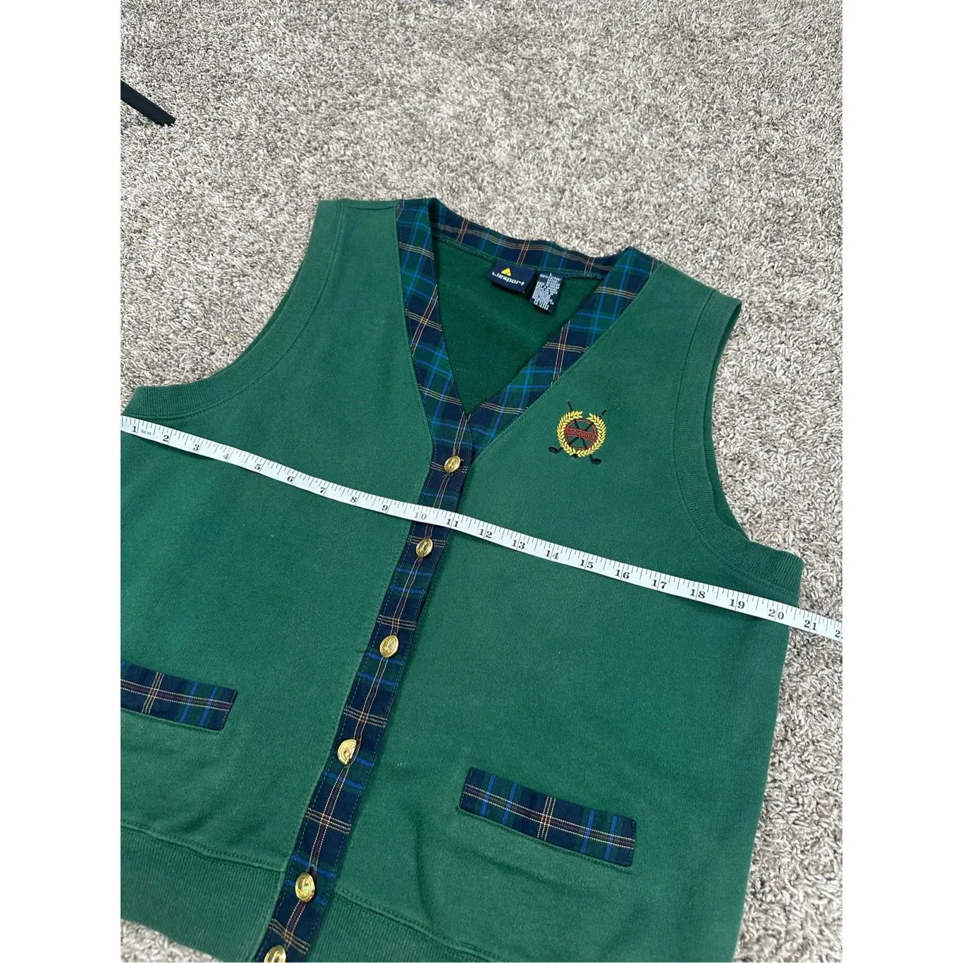 Vtg Lizsport Golf Preppy Tennis Sweater Vest V Neck Button Up Plaid Green/Blue L - Image 7
