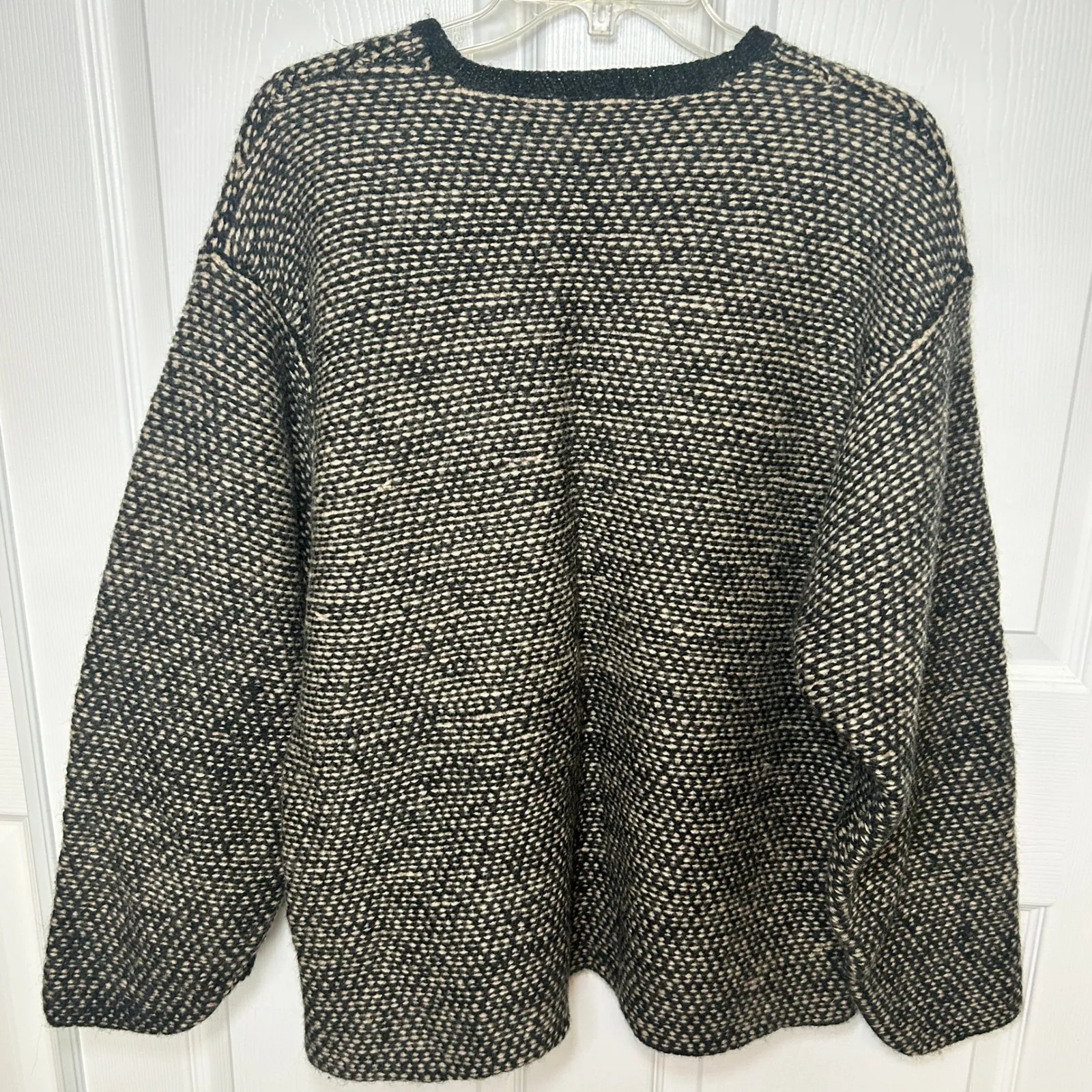 J.Crew Wool V Neck Sweater Oversized Textured Knit Pullover Large Black Beige‎ - Image 4