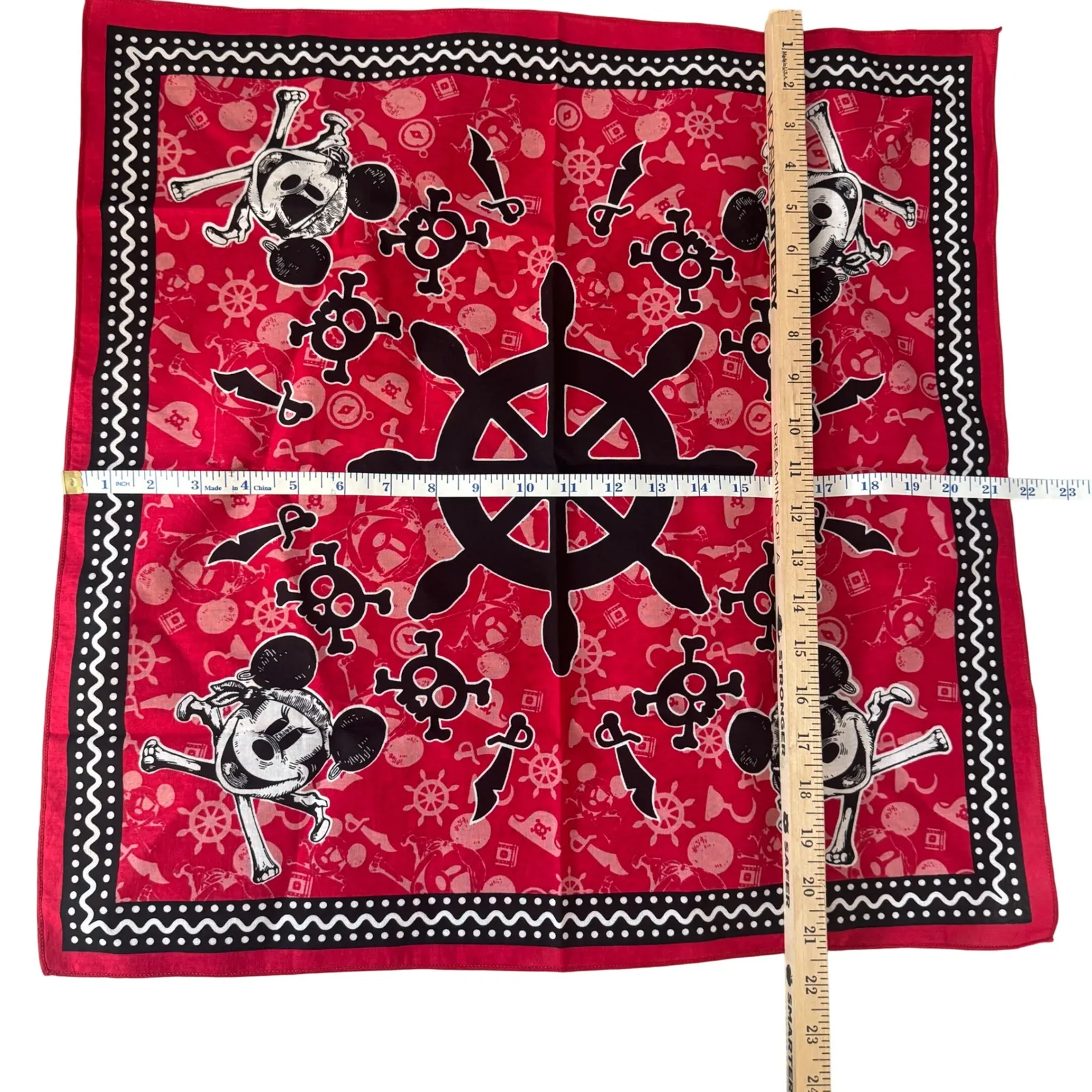 Disney Pirate Mickey Mouse Red Bandana 21" Cotton Square Scarf Skull Crossbones - Image 5