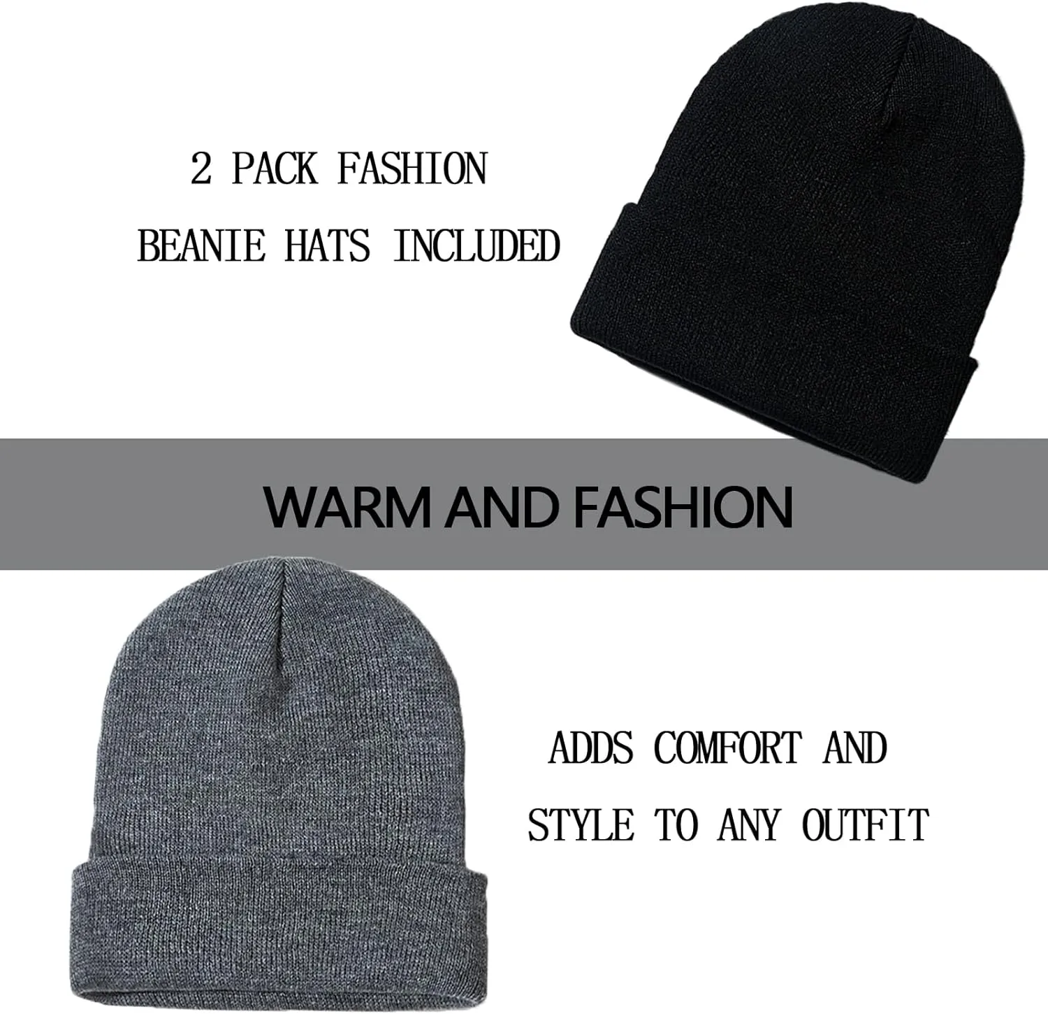 1&2 Pack Beanie for Men Women Slouchy Beanie Hats Winter Knit Caps Soft Ski Hat Unisex - Image 3