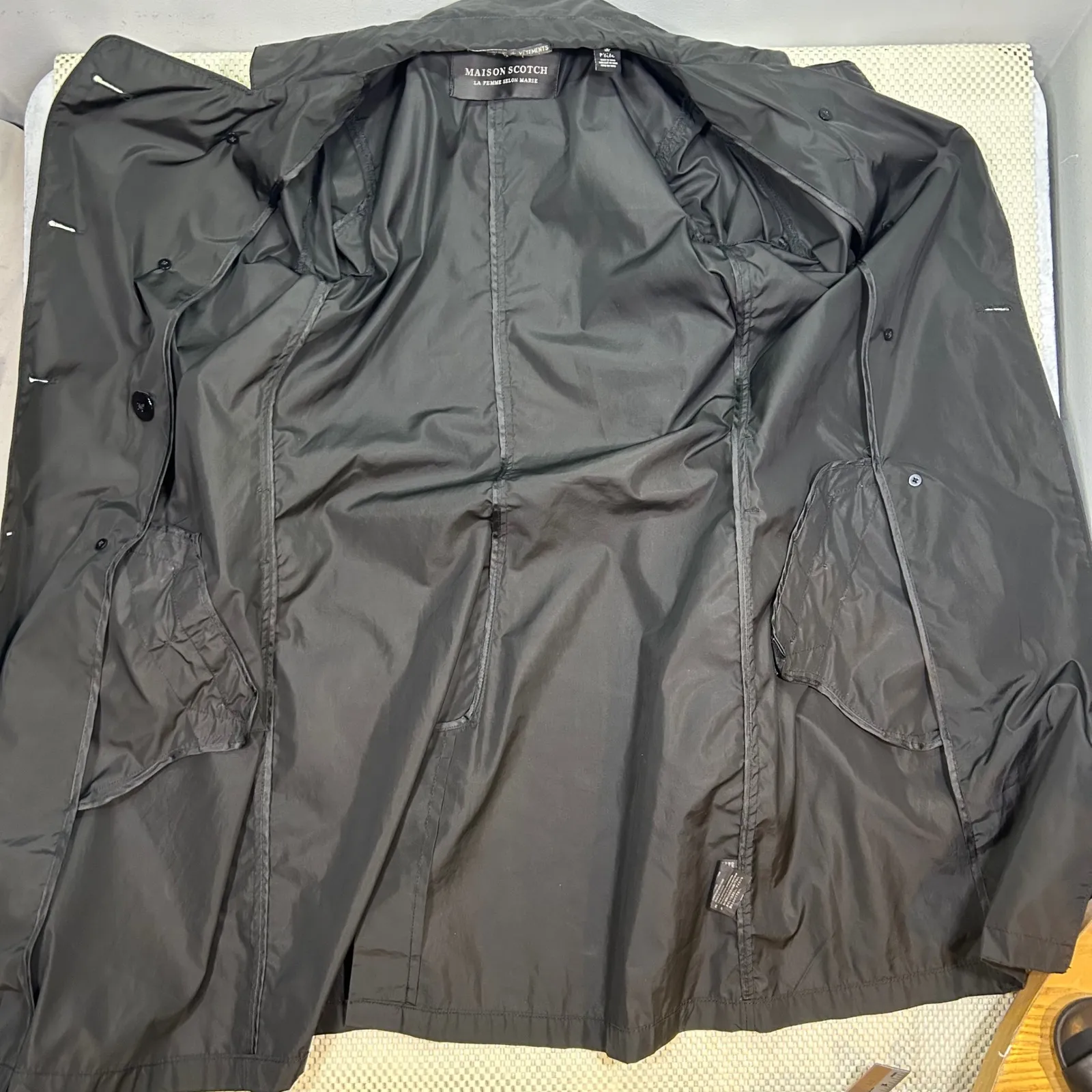 Maison Scotch Trench Coat Lightweight Double Breasted Black Rain Jacket Small - Image 9