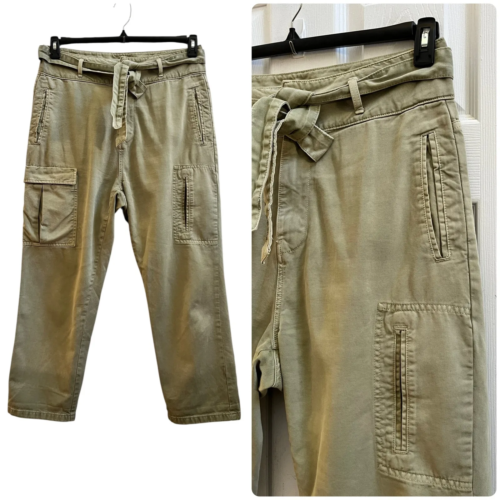 Zara Size 10 Green Cotton Waist Tie Cargo Pockets Pants 25 Inch Inseam Utility - Image 2