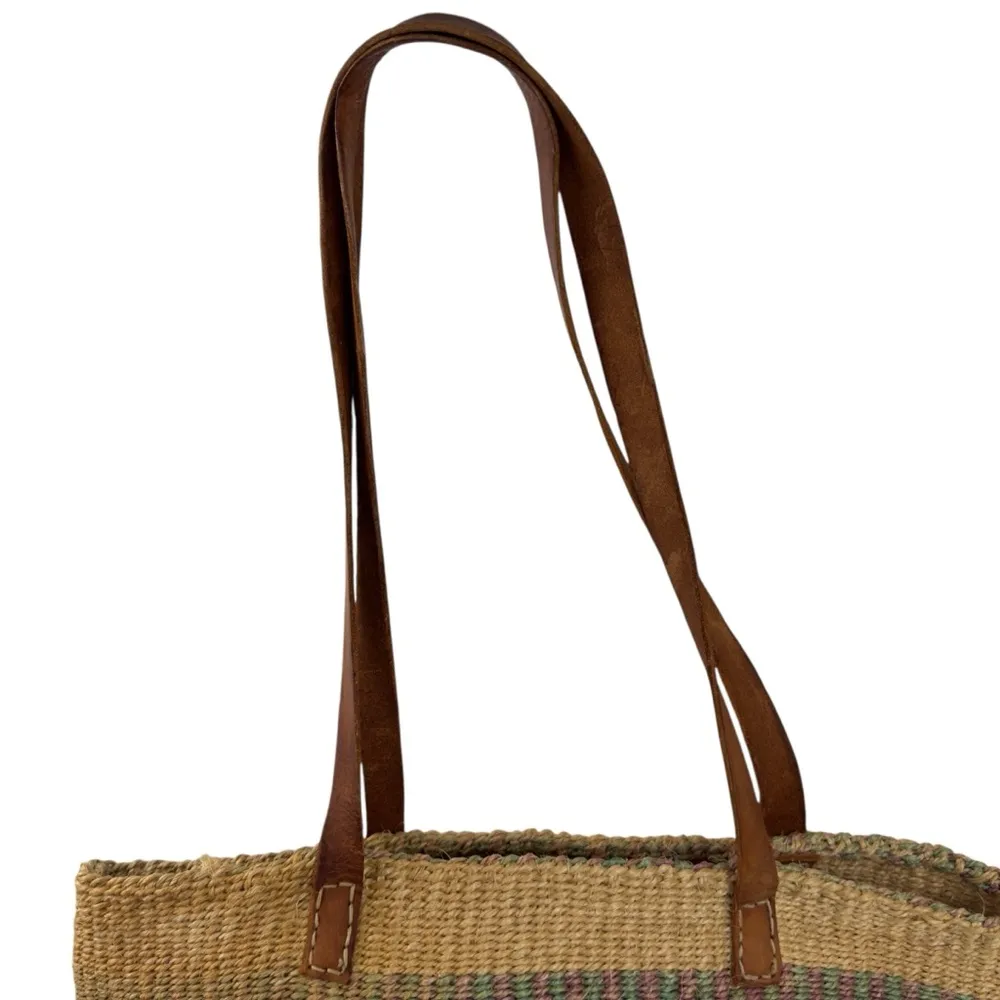 Handwoven Handcrafted Boho Sisal Straw Leather Kiondo Market Bag Vintage 80’s Tan - Image 2