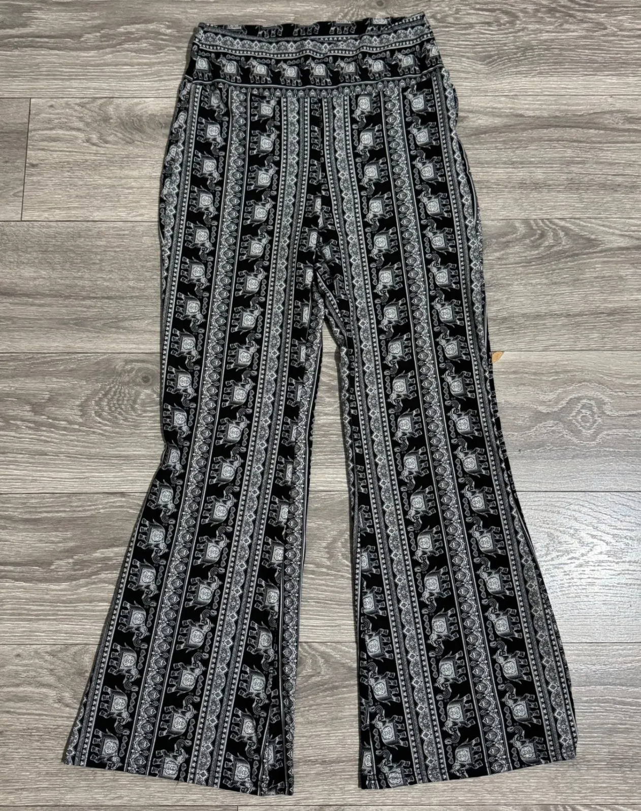 Womens Elephant Print Bell Bottom Pants Black White Boho Flare Leg Stretchy XL - Image 1