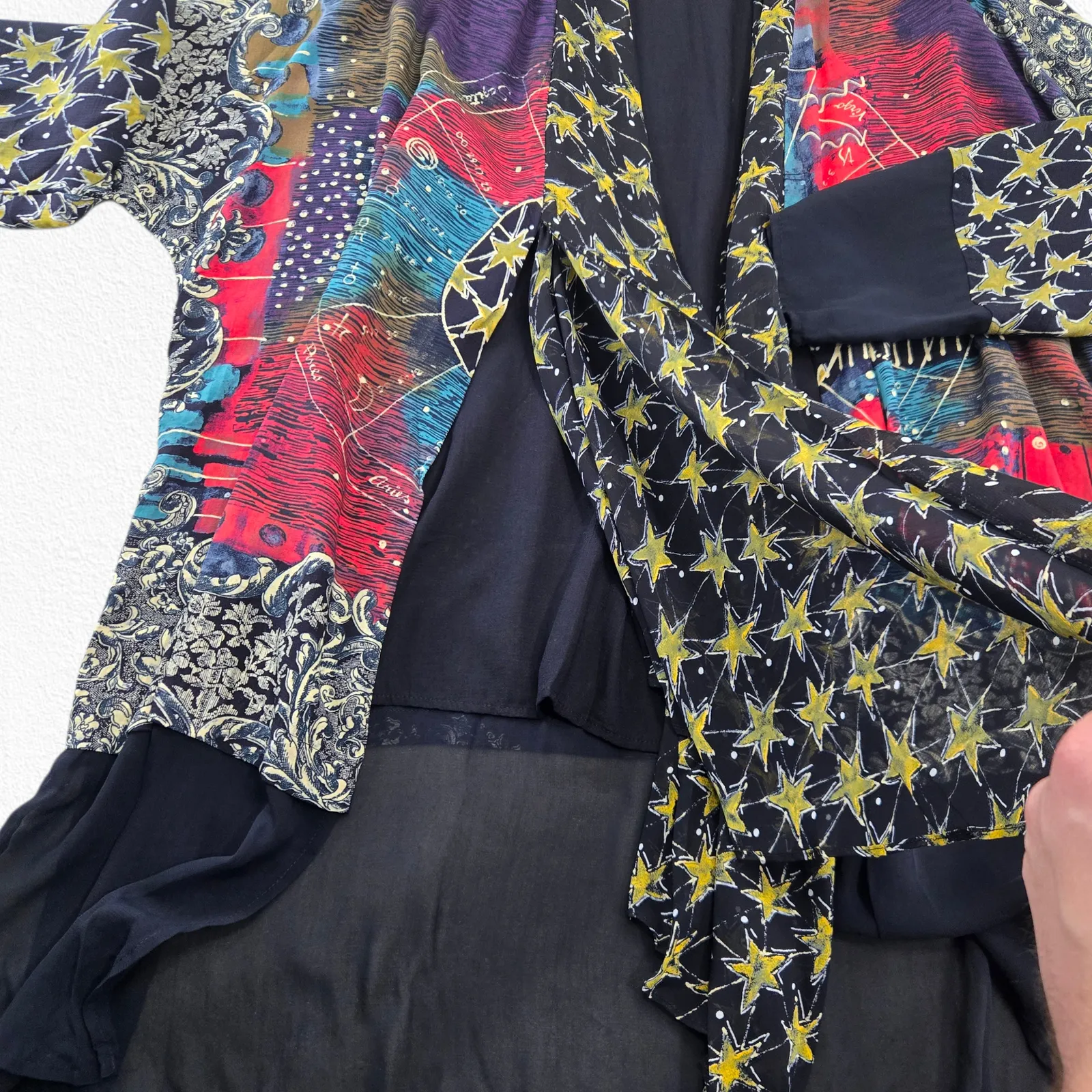 Vintage 90s Carole Little Art Print Kimono Jacket Open Front Cardigan Size 10 Black - Image 5