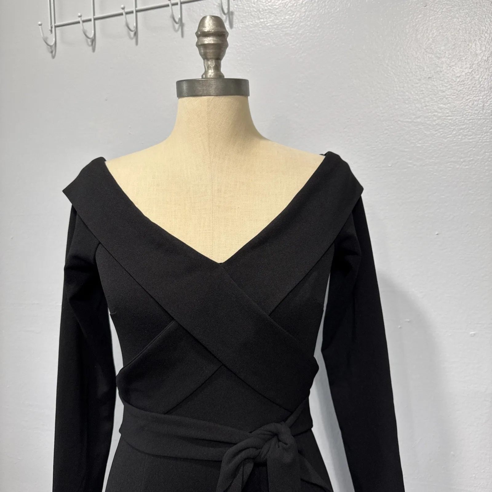 Angel Biba Womens S Off the Shoulder Black Mini Dress V-Neck Long Sleeve Party - Image 2