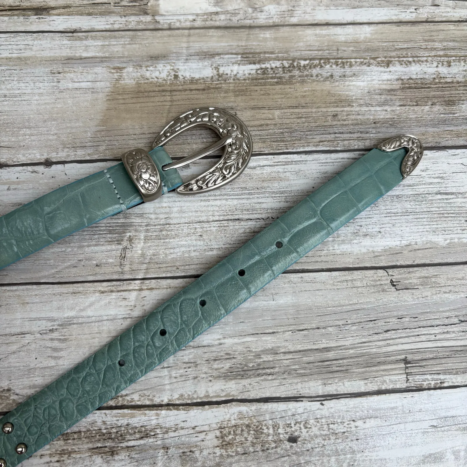 IZOD Leather Belt Sz XL Blue Studded Embossed Western Boho Cowgirl 36” - Image 5