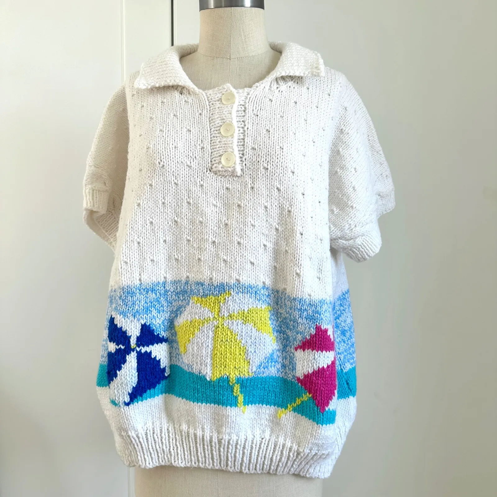 Vintage Grandma Short Sleeve Knit Polo Shirt‎ Beach Cottagecore Y2K Grunge White Size M - Image 2