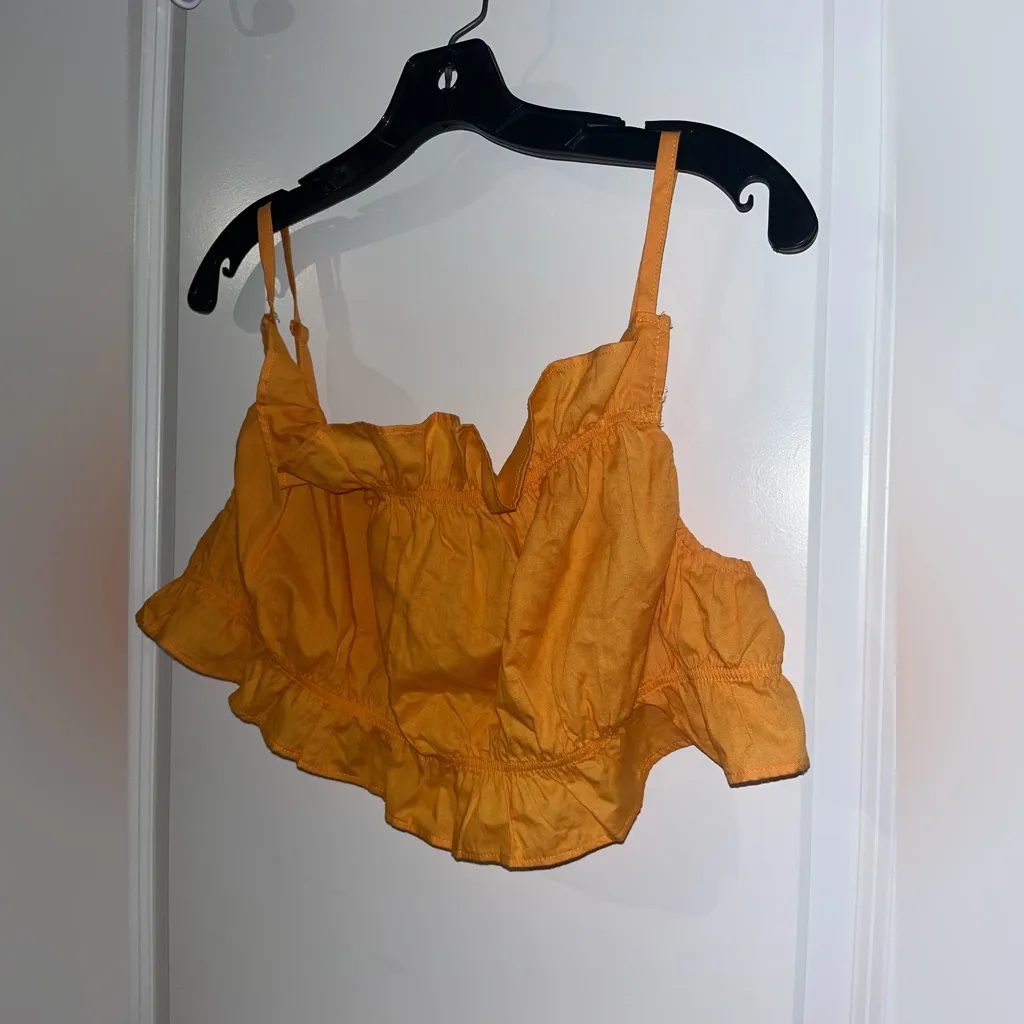 H&M NWT Flounce-Trimmed Cotton Smock Orange Sqaure OpenBack Stretch Crop Top XL - Image 10