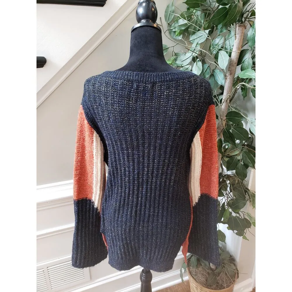 ADORA Sweater Women's SM Navy Orange Ribbed Acrylic Knit Long Sleeve Round Neck Blue - Image 4