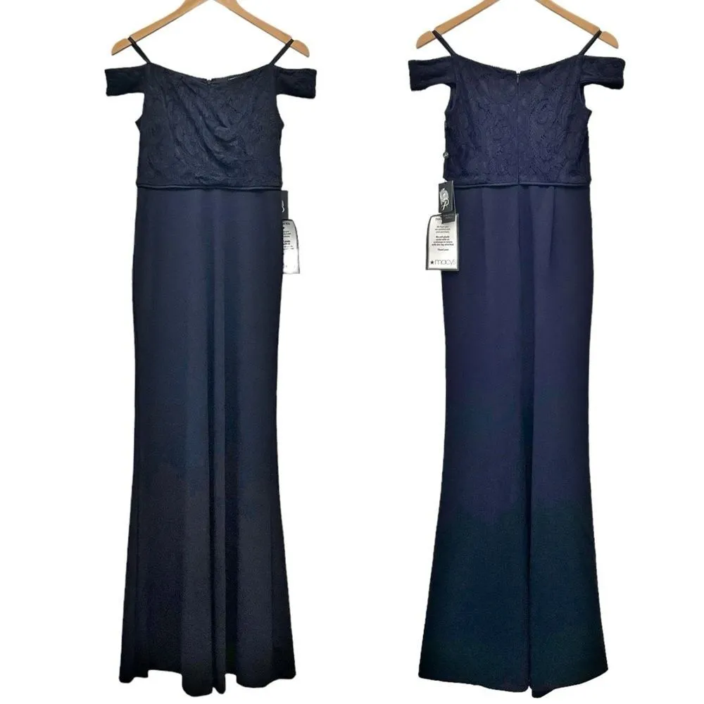 NWT Adrianna Papell Navy Blue Lace Crepe Formal Evening Gown OTS Dress Size 2 - Image 2