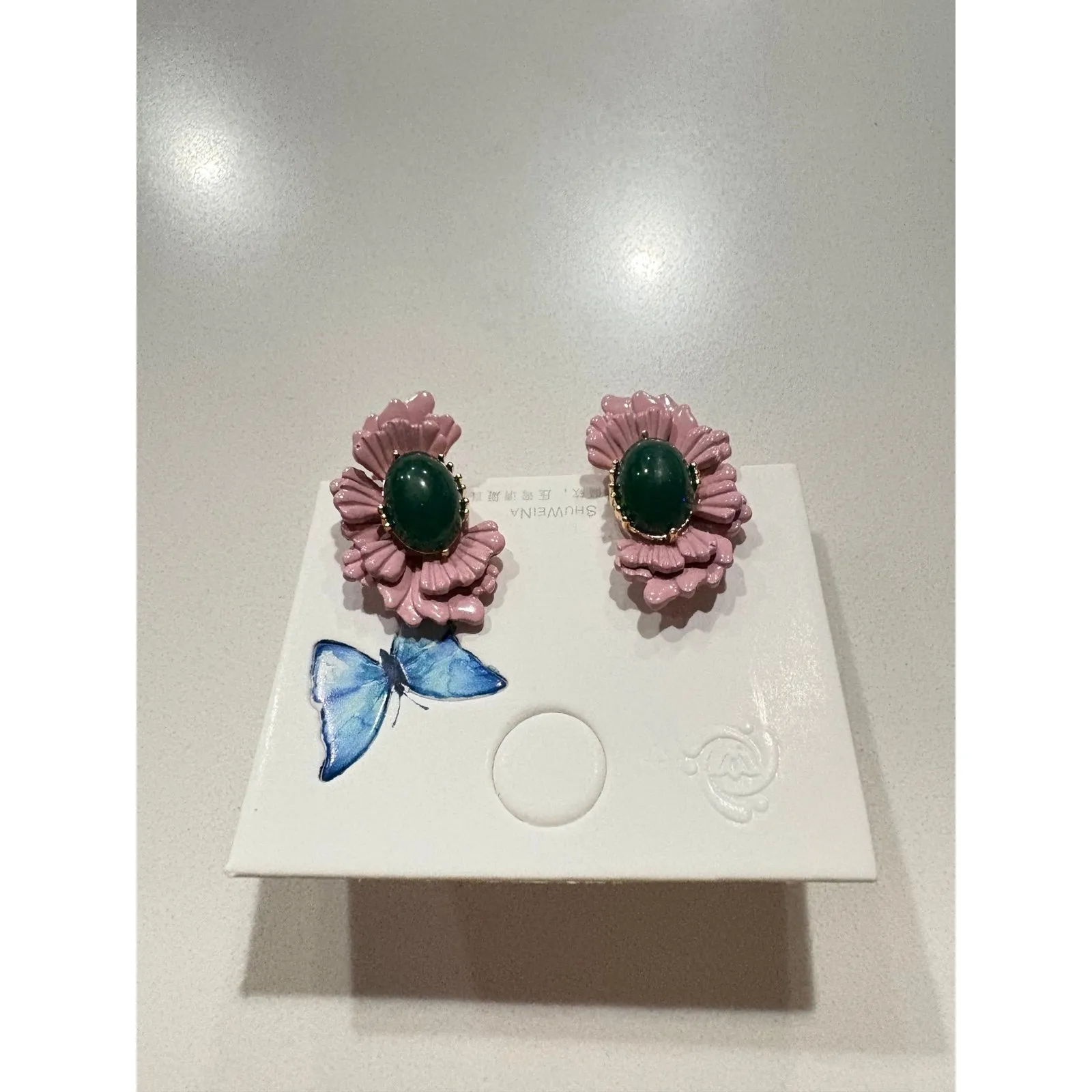 Pink Enamel Floral Earrings with Green Jade - Image 4