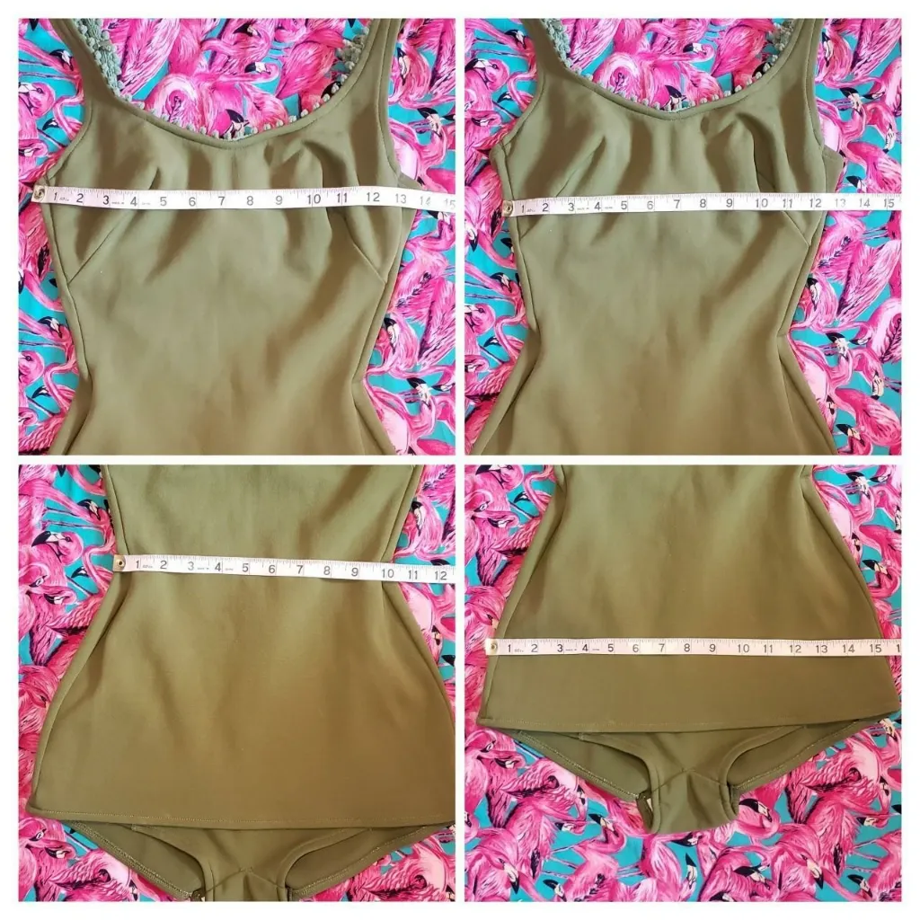 Vintage green one piece swimsuit with mini pom pom trim & front skirt panel Size XXS - Image 3