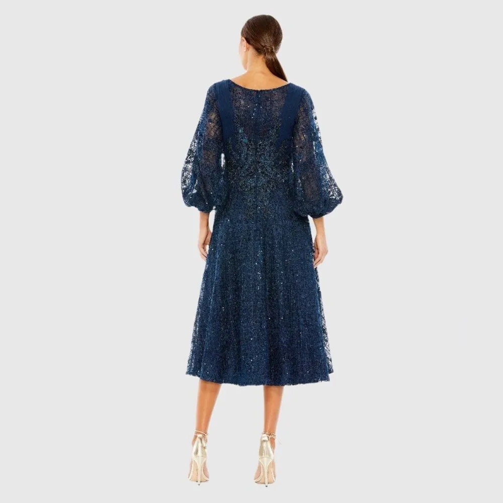 MAC DUGGAL 20391 Womens Blue Embellished Plunge Neck Bishop Sleeve Midi Dress - Image 4