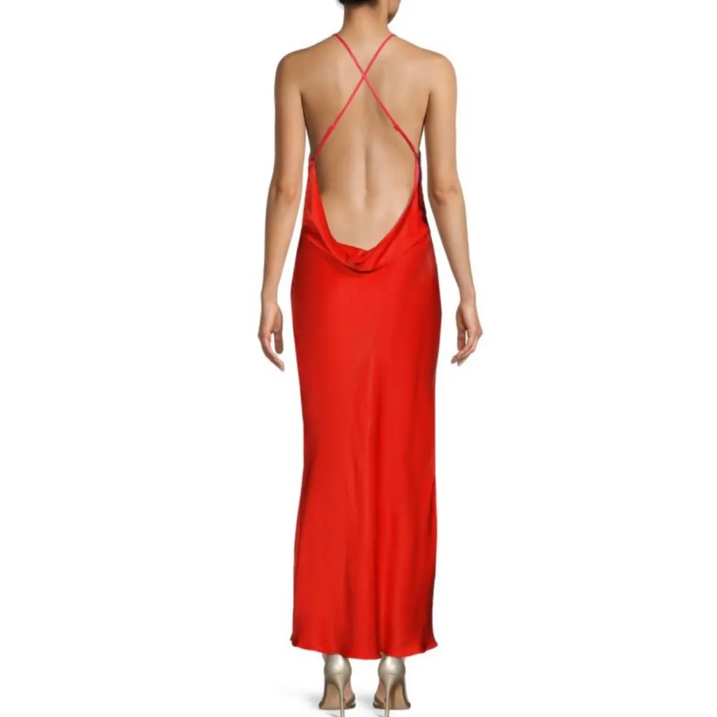 Bardot Mila High Jewel Neck Cowl Back Satin Slip Dress in Fire Red‎ Size 2 - Image 8