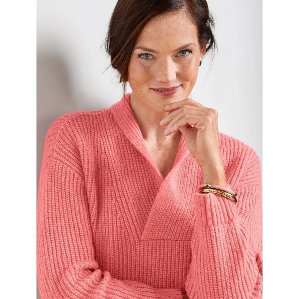 Talbots Pink Chunky Knit Shawl Collar Shaker Stitch Pullover Sweater‎ LP - Image 2