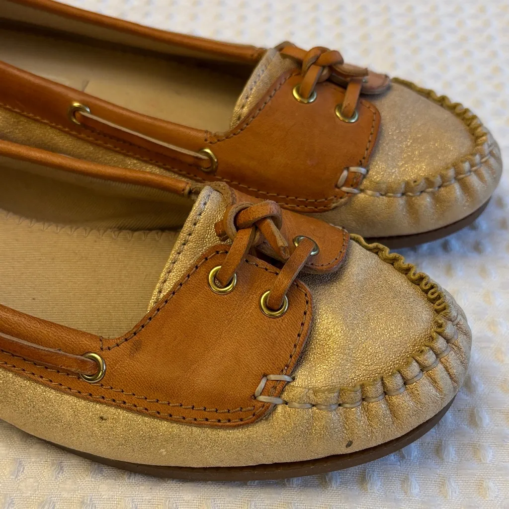 Coach CHERRY Size 8.5M Women's Tan Metallic Gold Leather Loafers Moccasins - Image 14