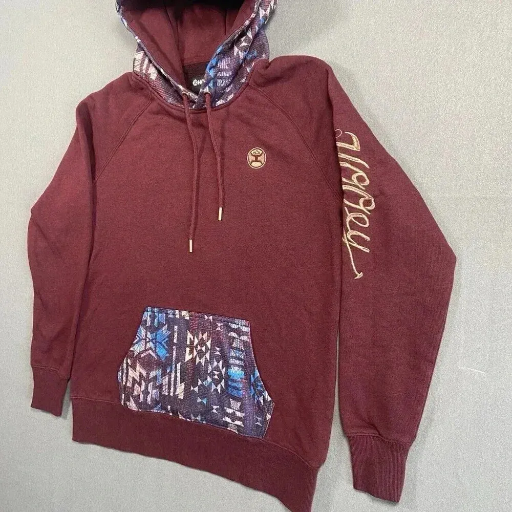 Hooey Veracruz Maroon with‎ Aztec Pocket Hoodie Women's Size M Medium Western Red - Image 11